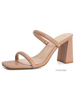 Square Open Toe Two Strap Block Heel Slide Sandals Slip On Heels
